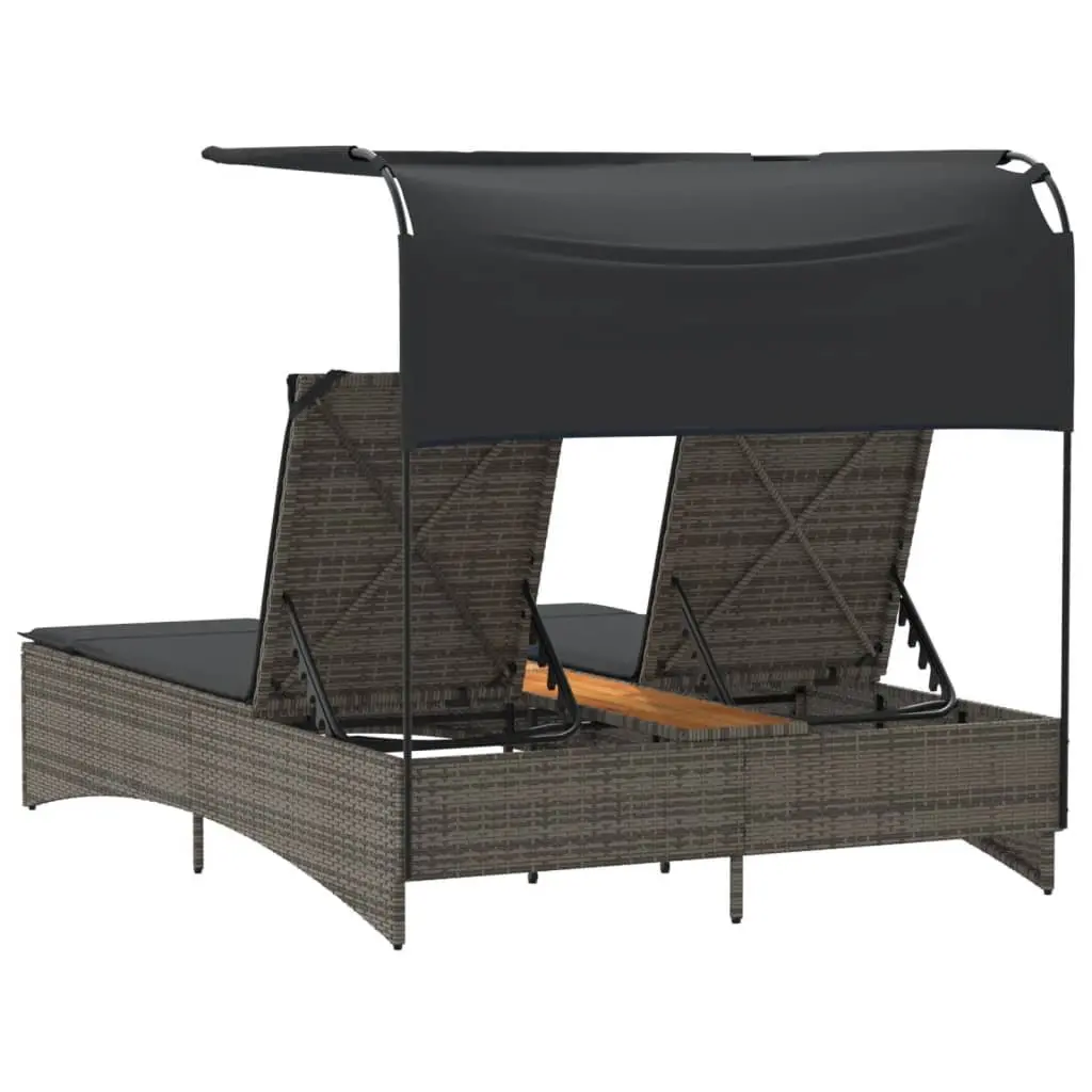 Double Sun Lounger Outdoor Furniture Canopy Cushions Grey Poly Rattan Adjustable
