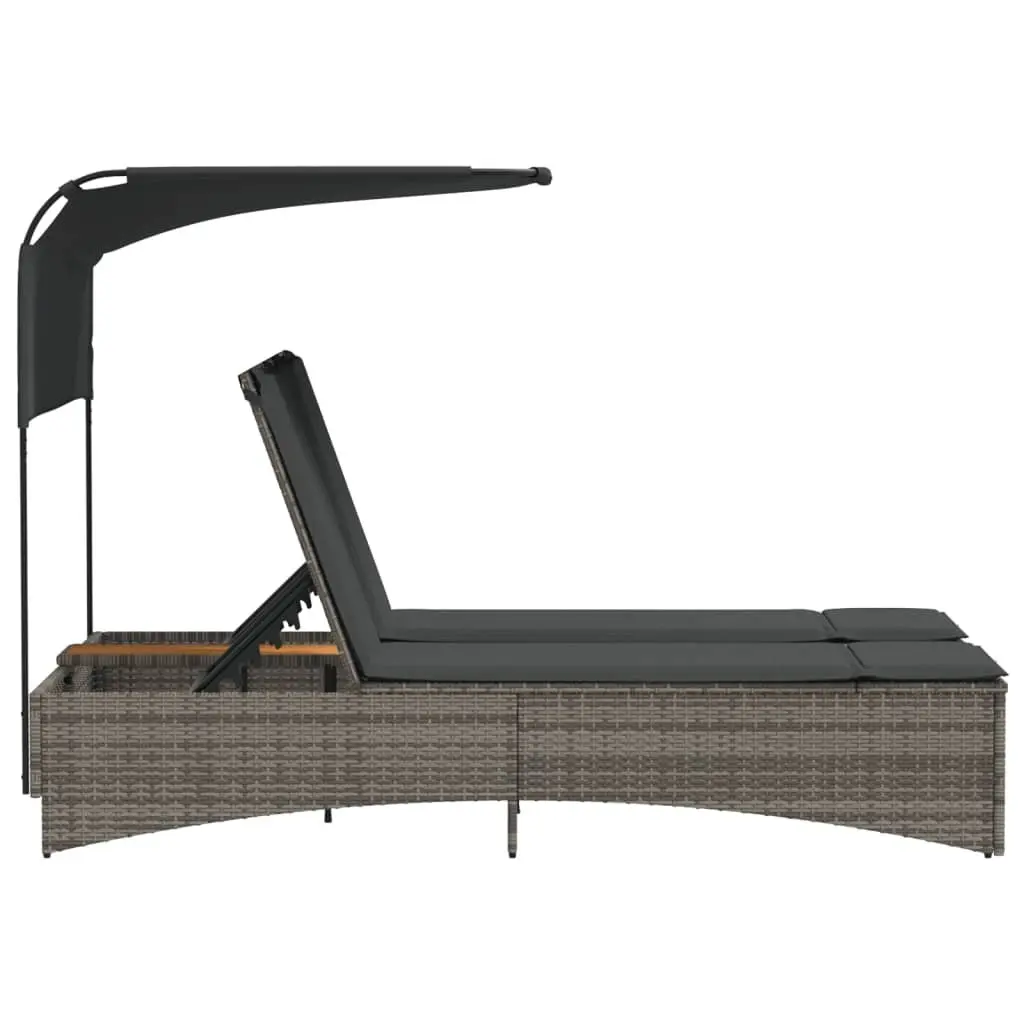 Double Sun Lounger Outdoor Furniture Canopy Cushions Grey Poly Rattan Adjustable