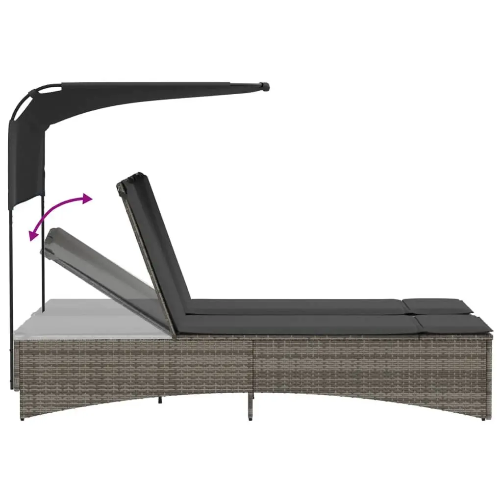 Double Sun Lounger Outdoor Furniture Canopy Cushions Grey Poly Rattan Adjustable