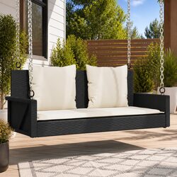 Compact Black Swing Bench with Comfortable Cushions
