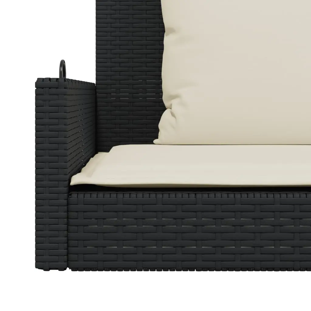 Outdoor Swing Bench Black Poly Rattan Garden Hanging Seat with Cushions Patio