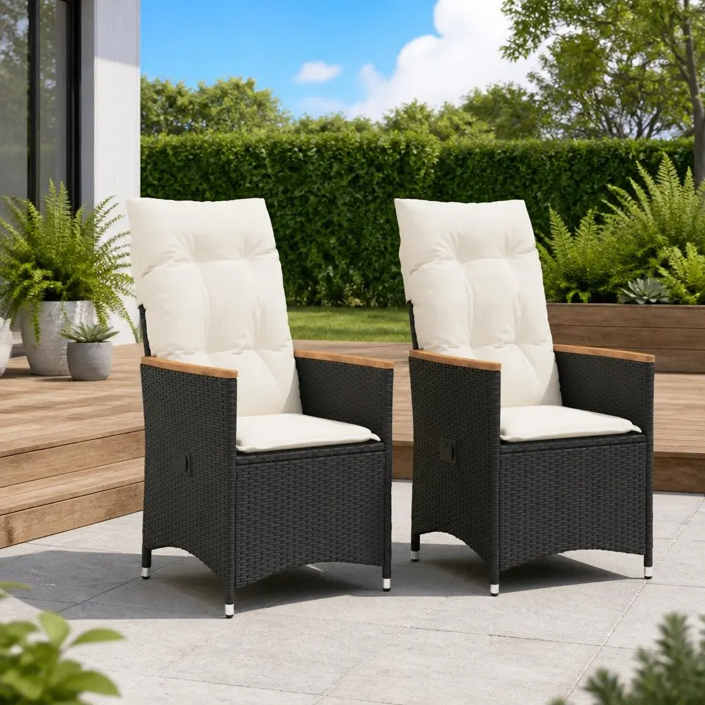 Reclining Garden Chairs Black 2pcs Adjustable Backrest Padded Cushions