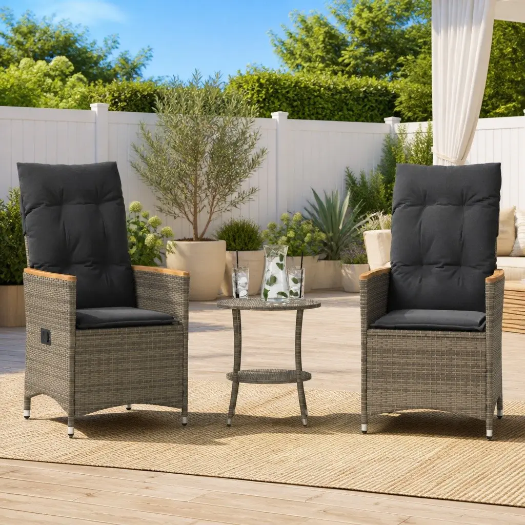 3 Piece Bistro Set Grey PE Rattan Adjustable Backrest Outdoor Furniture