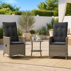 3 Piece Outdoor Bistro Set Grey Poly Rattan Garden Furniture Adjustable Backrest