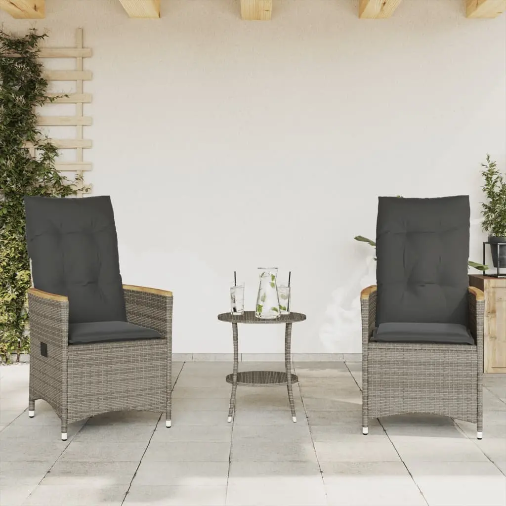 3 Piece Bistro Set Grey PE Rattan Adjustable Backrest Outdoor Furniture