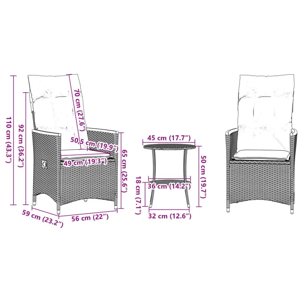 3 Piece Bistro Set Grey PE Rattan Adjustable Backrest Outdoor Furniture