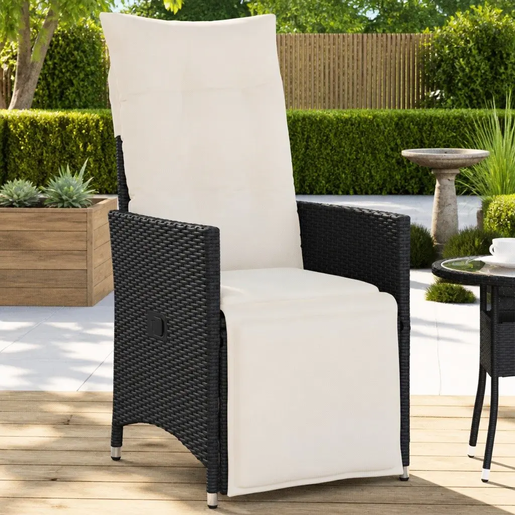 Reclining Garden Chair Black Adjustable Backrest Footrest Padded Cushions