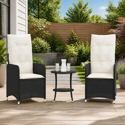 Reclining Garden Chairs 2 pc Set with Table Black Poly Rattan Outdoor Seating