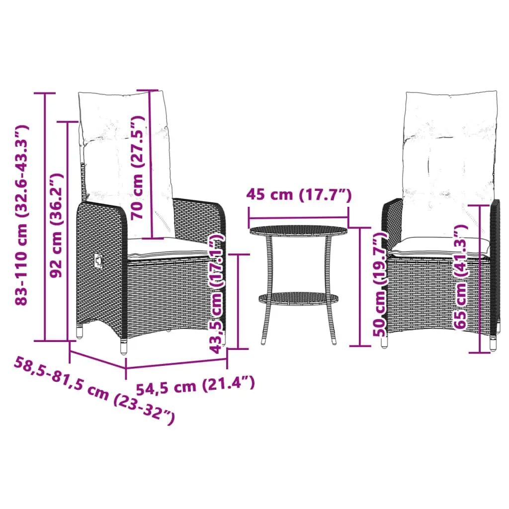 Outdoor Reclining Garden Chairs Set 2 pcs with Side Table Grey Poly Rattan
