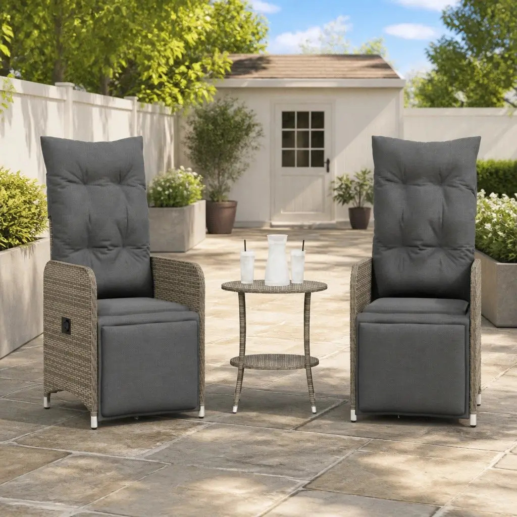 Grey Reclining Garden Chairs Set 2 Pieces with Table Adjustable Backrest and Footrest Poly Rattan