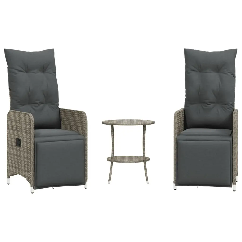 Grey Reclining Garden Chairs Set 2 Pieces with Table Adjustable Backrest and Footrest Poly Rattan