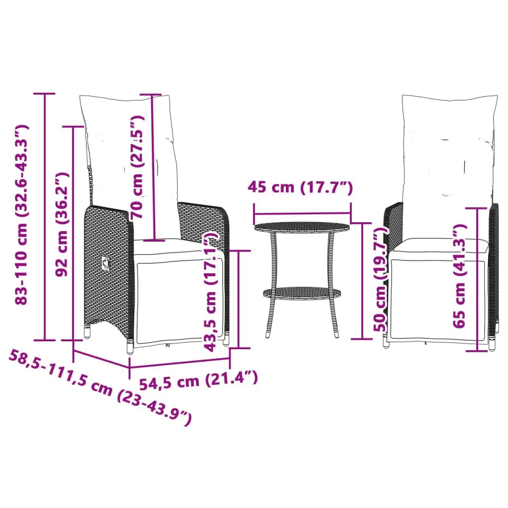 Grey Reclining Garden Chairs Set 2 Pieces with Table Adjustable Backrest and Footrest Poly Rattan