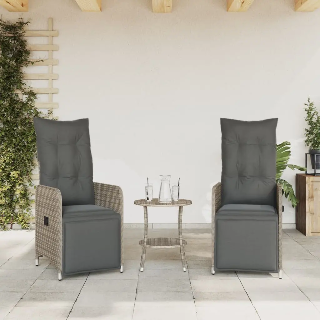 Grey Reclining Garden Chairs Set 2 Pieces with Table Adjustable Backrest and Footrest Poly Rattan
