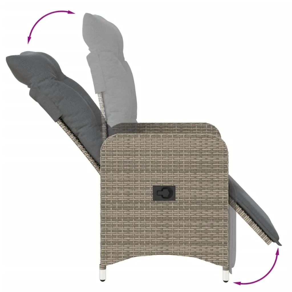 Grey Reclining Garden Chairs Set 2 Pieces with Table Adjustable Backrest and Footrest Poly Rattan