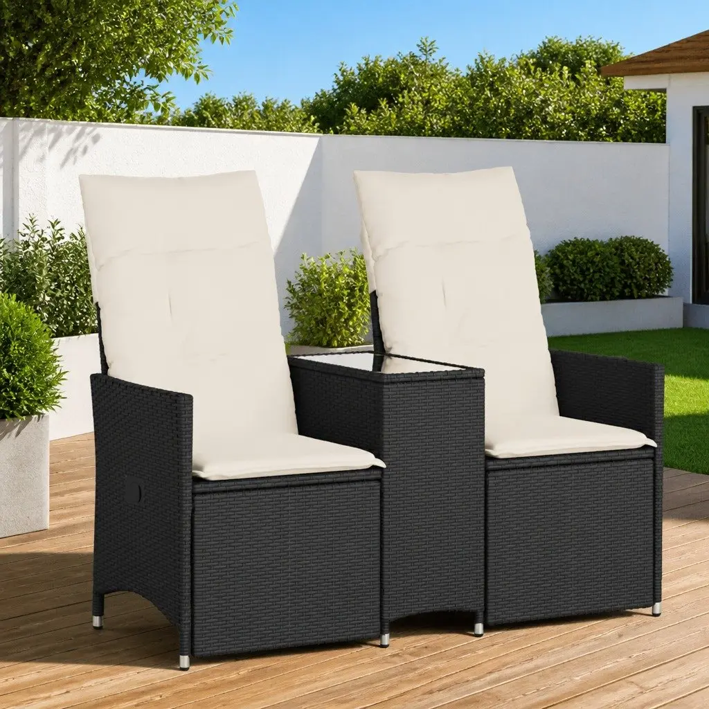 Reclining Garden Sofa Black 2-Seater Integrated Table Adjustable Backrest