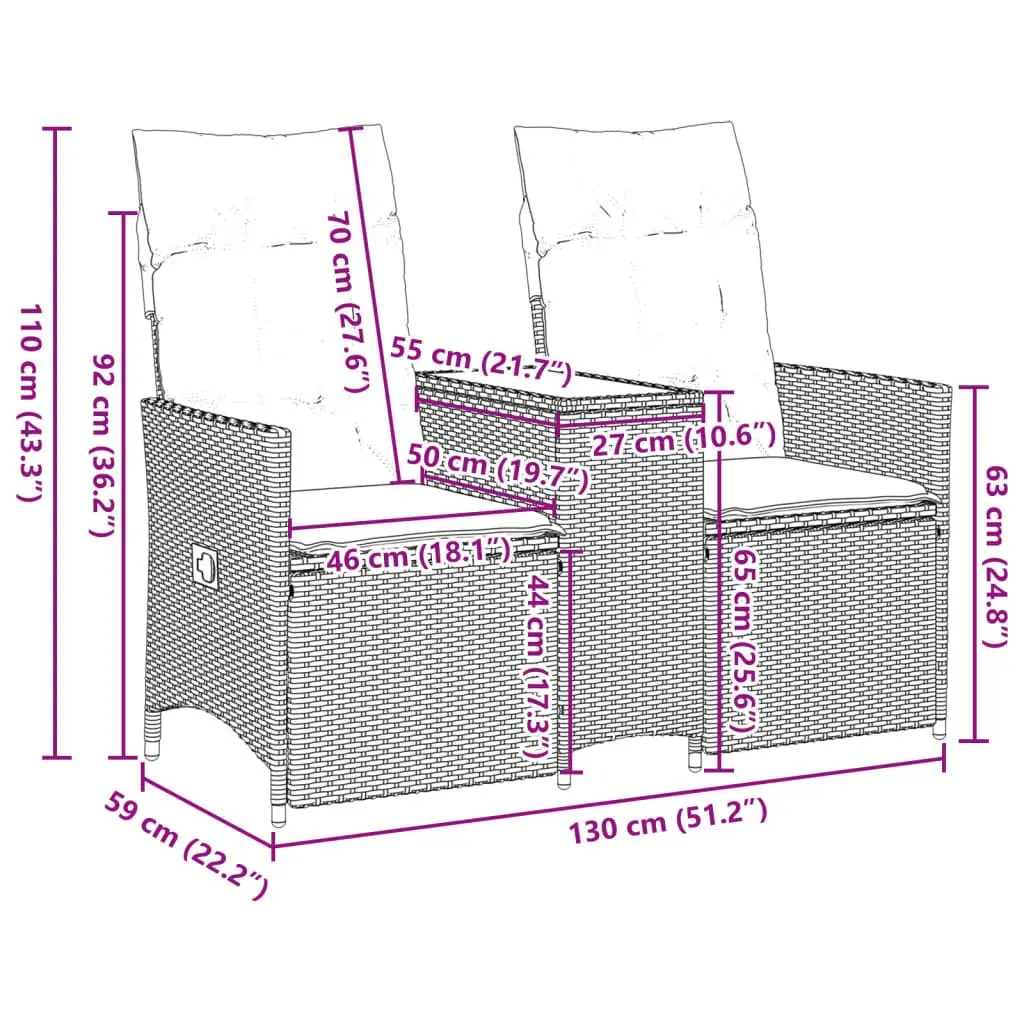 Reclining Garden Sofa Black 2-Seater Integrated Table Adjustable Backrest