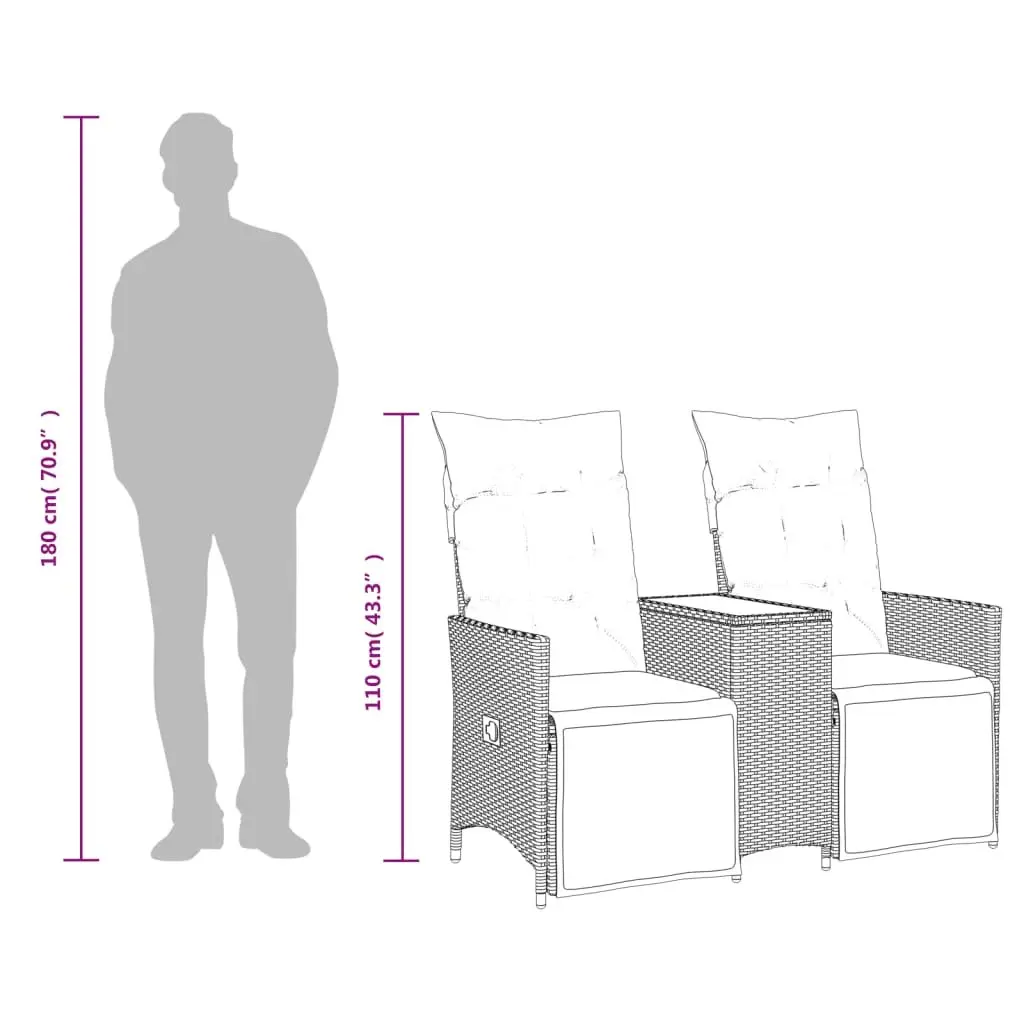 Reclining Garden Sofa Grey 2-Seater with Central Table Adjustable Backrest and Footrest