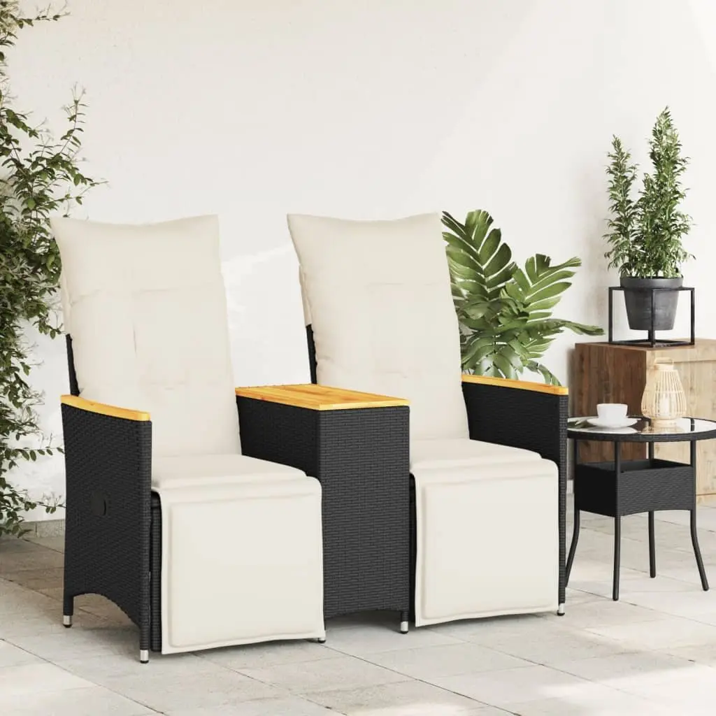 Reclining Garden Sofa Black 2-Seater with Central Table Adjustable Backrest and Footrest Padded Cushions