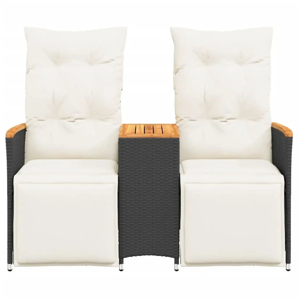 Reclining Garden Sofa Black 2-Seater with Central Table Adjustable Backrest and Footrest Padded Cushions