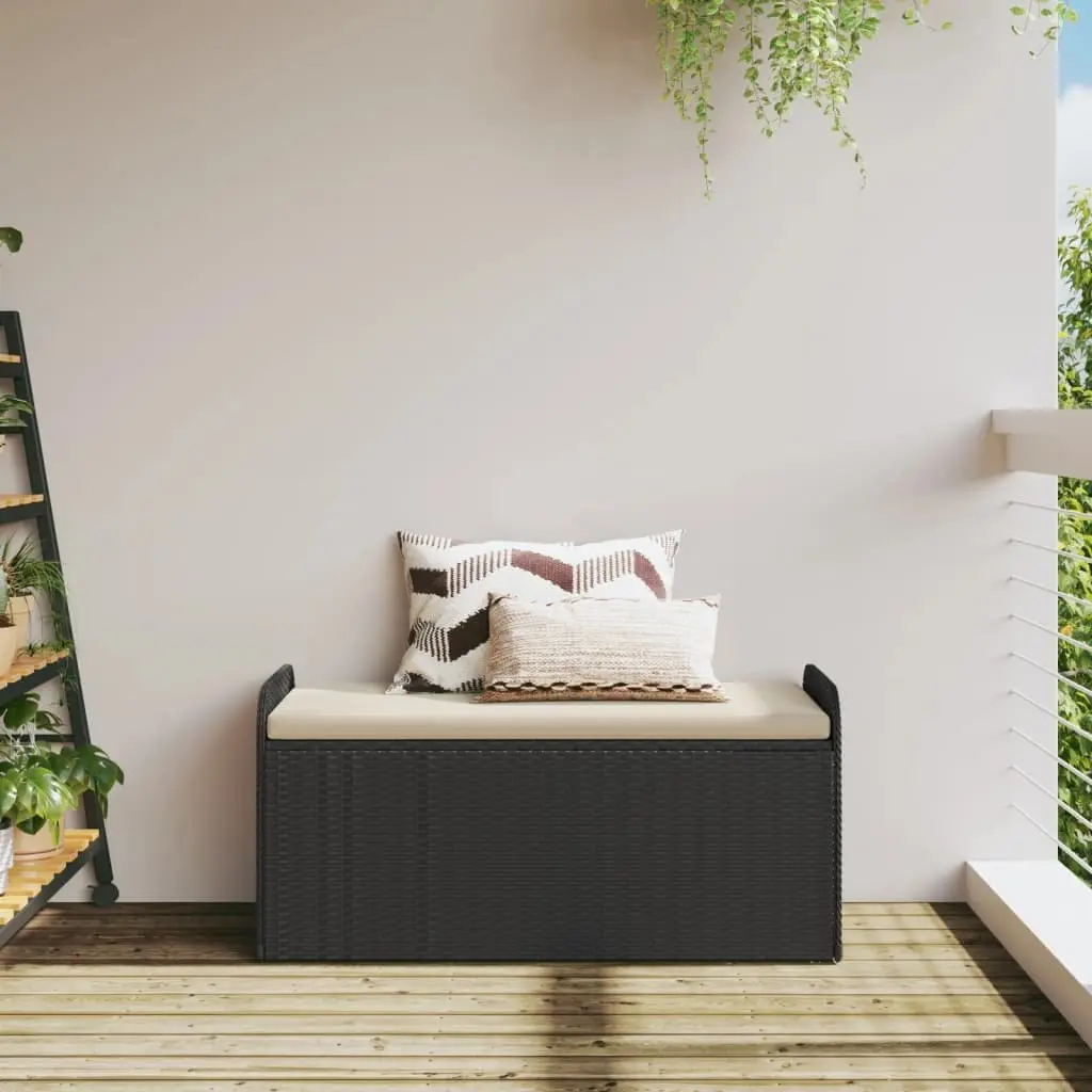 Outdoor Storage Bench Black PE Rattan with Cushion Gas Spring Mechanism