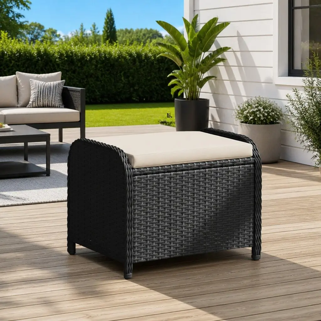 Garden Stool Black 58 x 46 x 46 cm Padded Cushion Weather Resistant Poly Rattan Outdoor Furniture