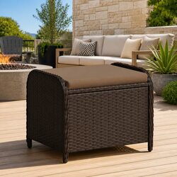 Garden Stool with Cushion Brown Outdoor Foot Rest Poly Rattan Seat Relax