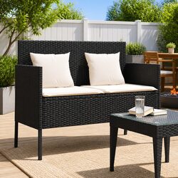 Garden Bench with Storage Cushions Black Poly Rattan Outdoor Seating Furniture