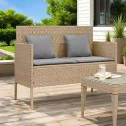 Beige Poly Rattan Bench with Cushion for Outdoors