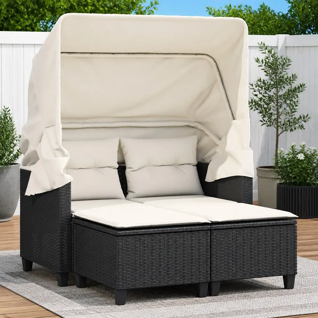 Outdoor Garden Sofa Black 2-Seater with Retractable Canopy and Stools