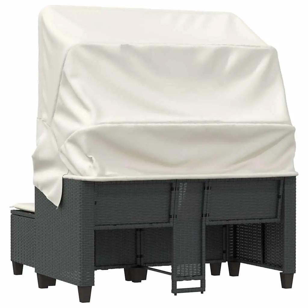 Outdoor Garden Sofa Black 2-Seater with Retractable Canopy and Stools