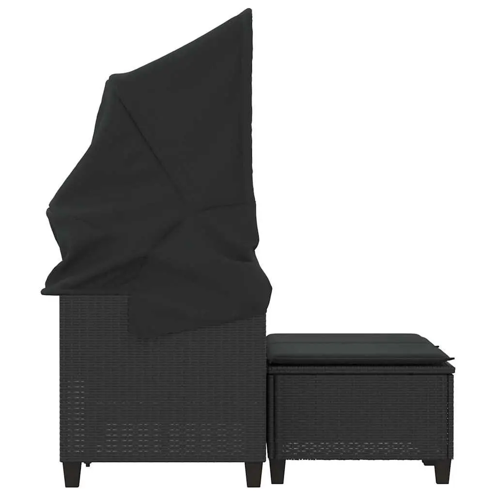 Garden Sofa Black 2-Seater with Canopy and Stools Poly Rattan Outdoor Lounge Set