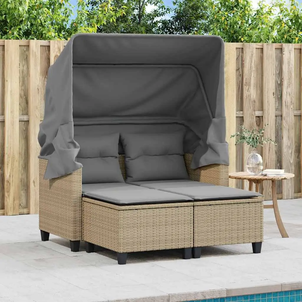Garden Sofa Beige 2-Seater with Canopy and Stools Outdoor Poly Rattan