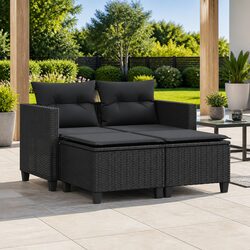Garden Sofa 2-Seater with Stools Black Poly Rattan Outdoor Lounge