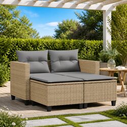 Garden Sofa 2-Seater with Stools Beige Poly Rattan Outdoor Lounging