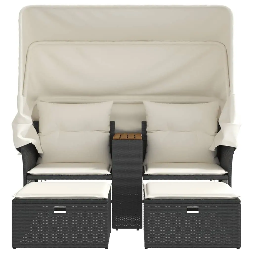 Garden Sofa Black 2-Seater with Canopy and Stools Retractable Canopy