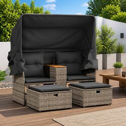 Garden Sofa 2-Seater with Retractable Canopy Stools Grey Outdoor Furniture