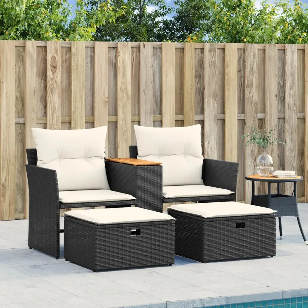 Garden Sofa Black 2-Seater with Stools Weather-Resistant PE Rattan Outdoor Patio Furniture