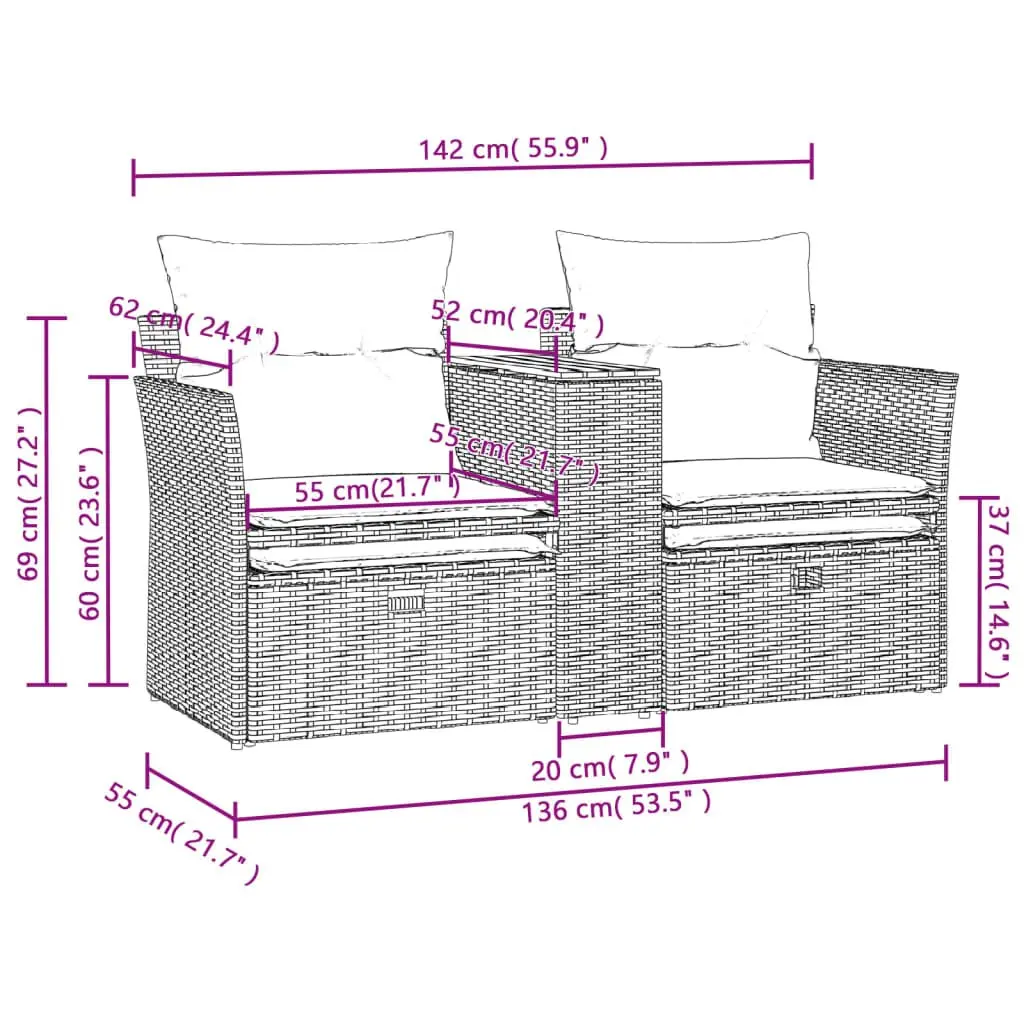 Garden Sofa Grey 2-Seater with Stools PE Rattan Outdoor Patio Furniture