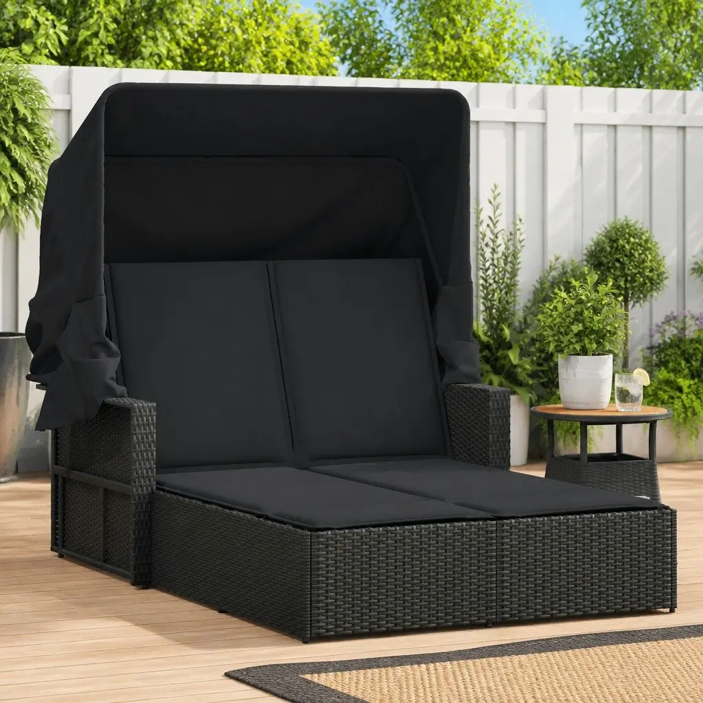 Double Sun Lounger with Retractable Canopy Adjustable Backrest Outdoor Seating