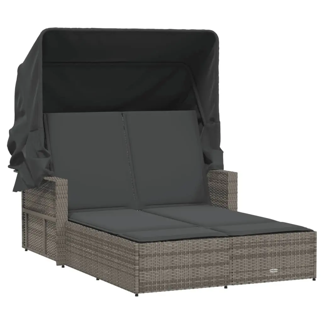 Double Sun Lounger with Retractable Canopy and Cushions Grey Outdoor Seating