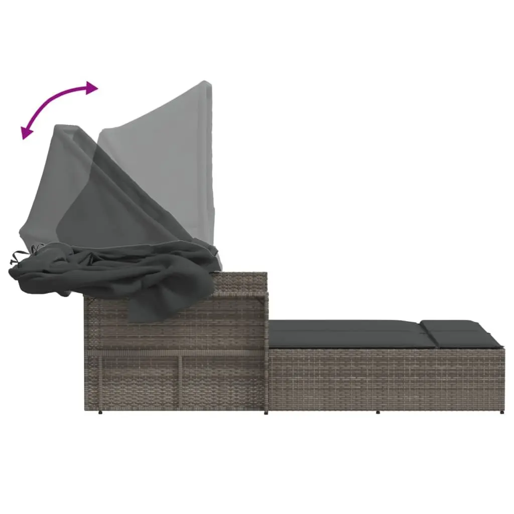 Double Sun Lounger with Retractable Canopy and Cushions Grey Outdoor Seating