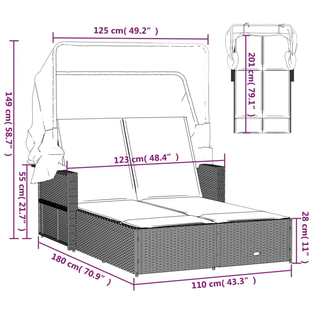 Double Sun Lounger with Retractable Canopy and Cushions Grey Outdoor Seating