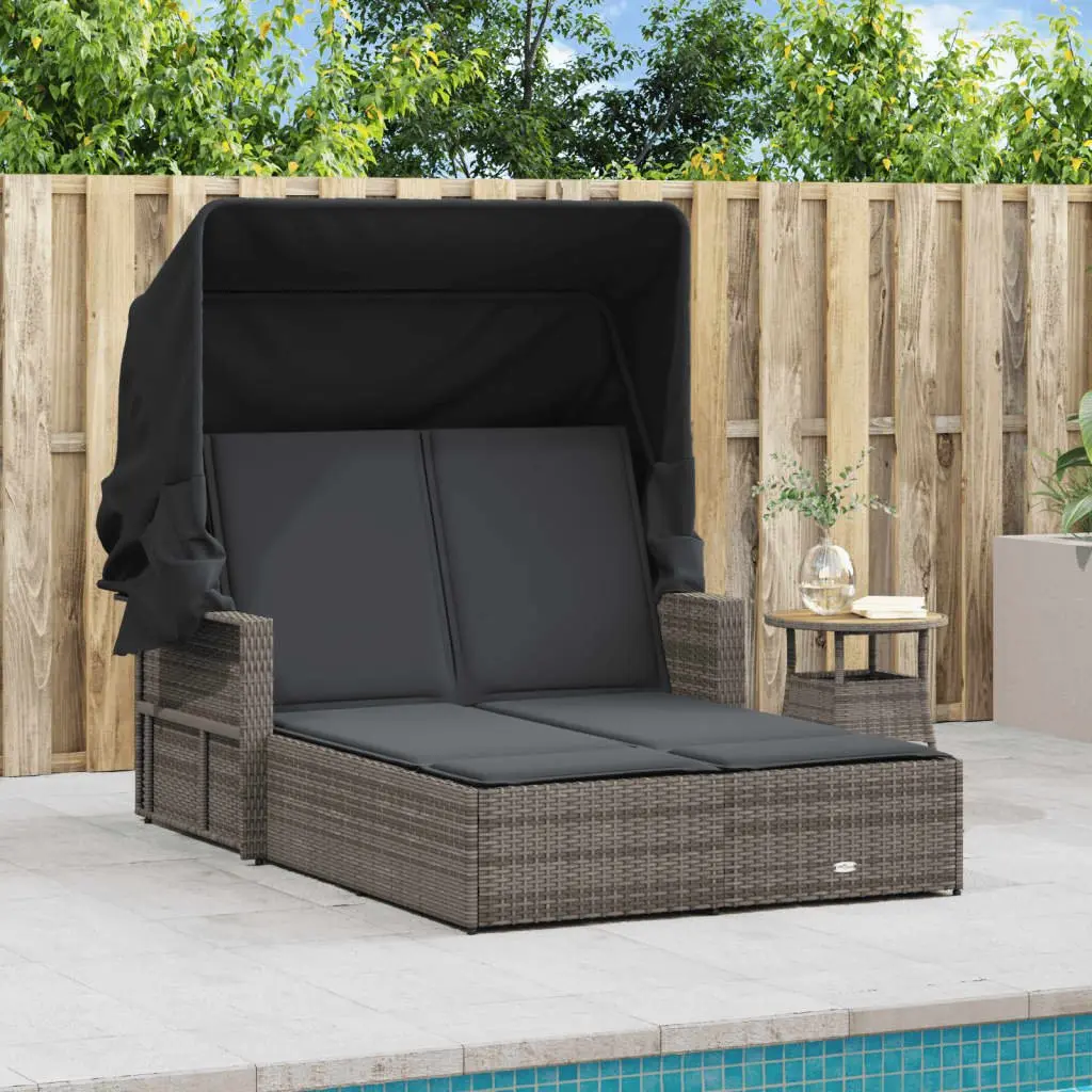 Double Sun Lounger with Retractable Canopy and Cushions Grey Outdoor Seating
