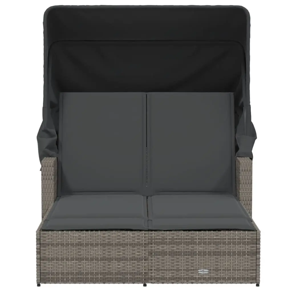 Double Sun Lounger with Retractable Canopy and Cushions Grey Outdoor Seating