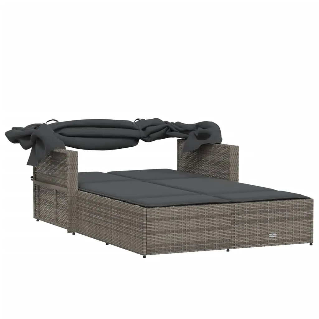 Double Sun Lounger with Retractable Canopy and Cushions Grey Outdoor Seating
