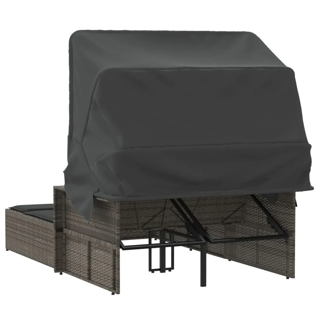 Double Sun Lounger with Retractable Canopy and Cushions Grey Outdoor Seating