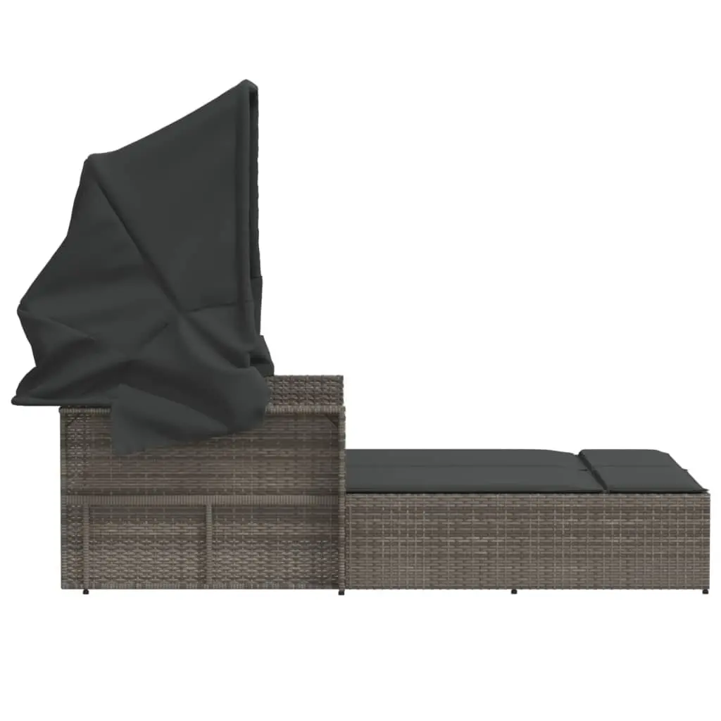 Double Sun Lounger with Retractable Canopy and Cushions Grey Outdoor Seating