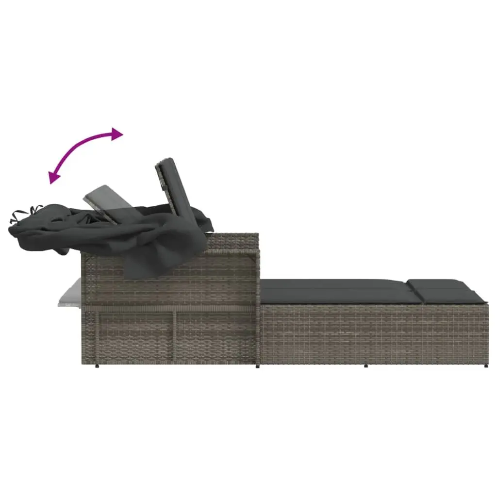 Double Sun Lounger with Retractable Canopy and Cushions Grey Outdoor Seating