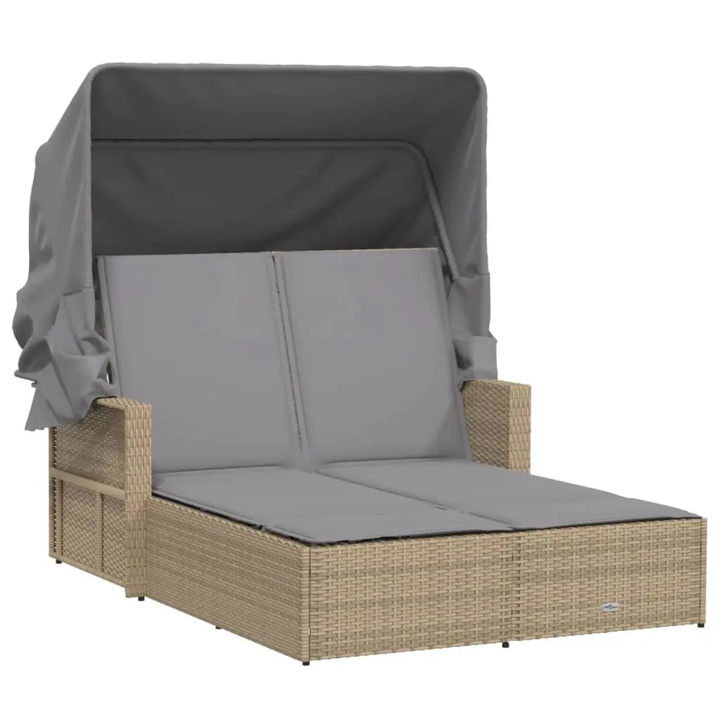 Double Sun Lounger Beige Adjustable Backrest Retractable Canopy Padded Cushions