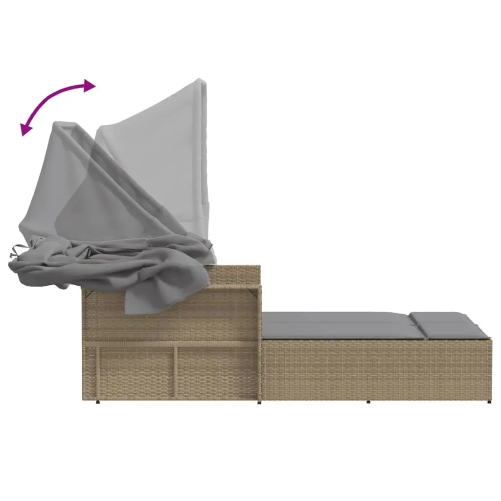 Double Sun Lounger Beige Adjustable Backrest Retractable Canopy Padded Cushions
